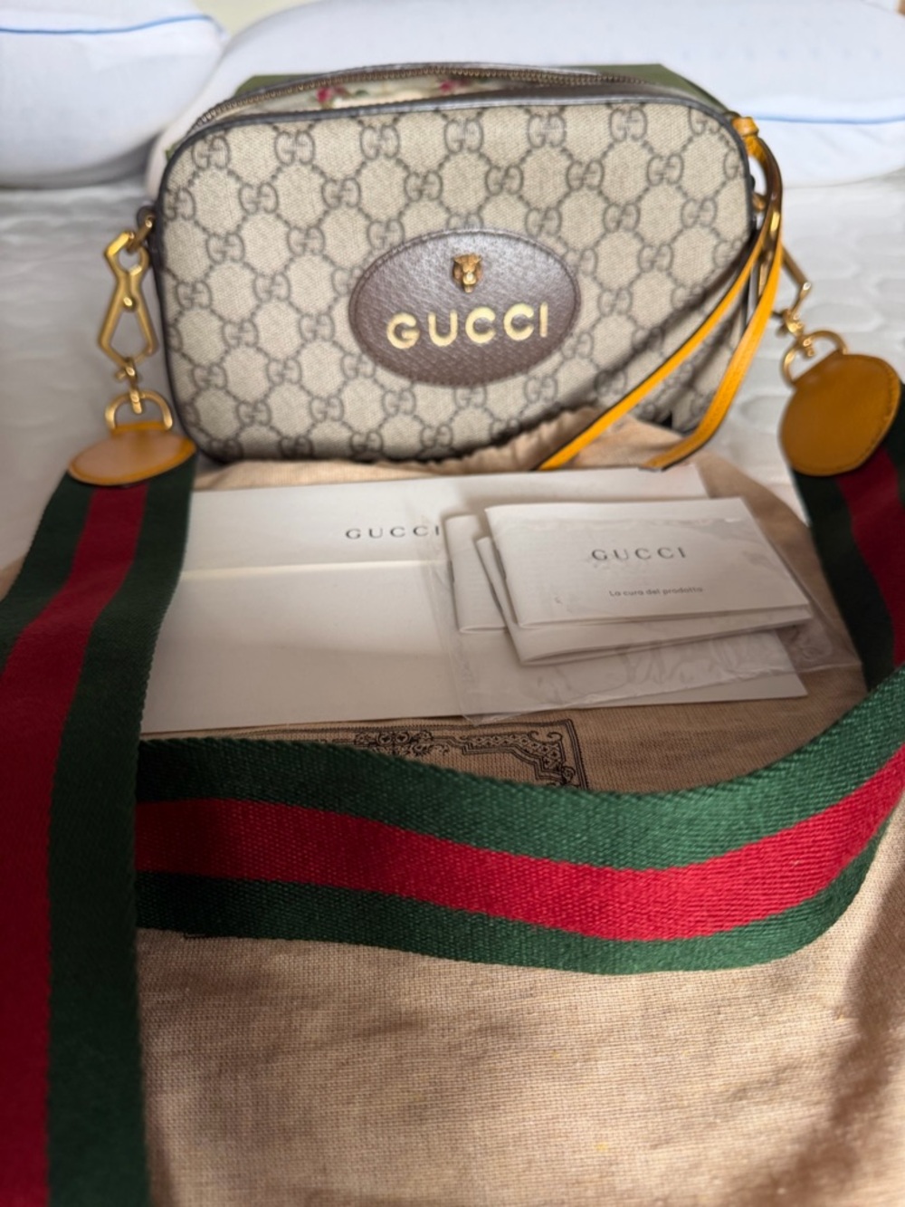Gucci Beige GG Canvas Crossbody with Green-Red Web Strap